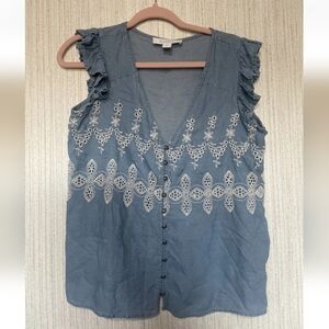 Bunulu Size Medium Blue Blouse White Embroidery Accents Boho